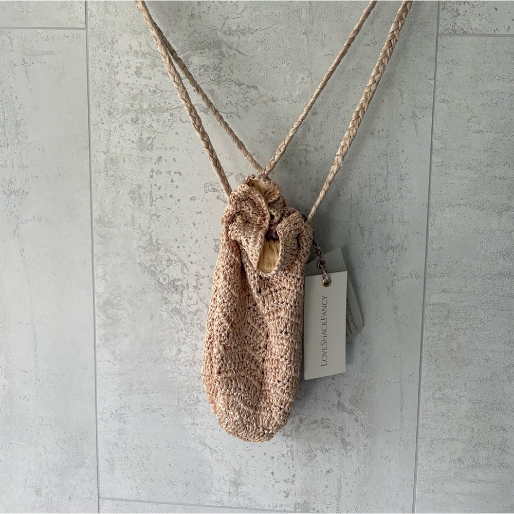 Sand Karelia Drawstring Bag with Elegant Crocheted Design